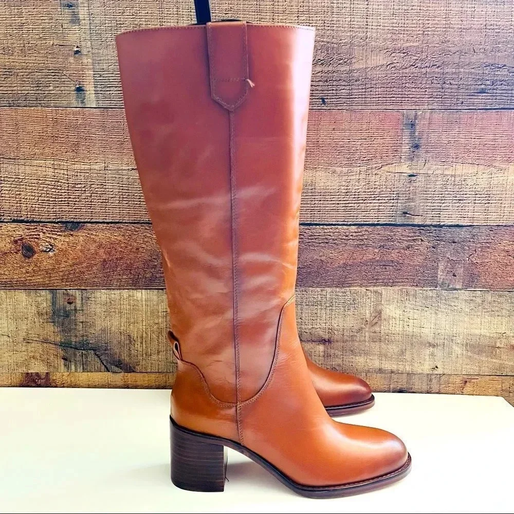 NWOT Zara Cognac Leather Block Heel Knee High Boots